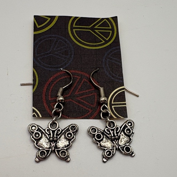 Handmade Butterfly Earrings  Boho Festival Jewelry  Retro Peace Sign Vibes  Y2K - Picture 1 of 5
